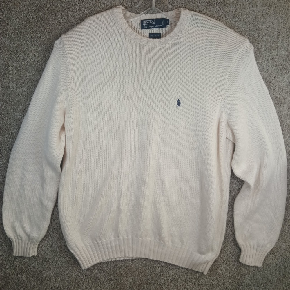 Polo Ralph Lauren Mens Cream Cotton Knit Crewneck Sweater Navy Pony Logo Large